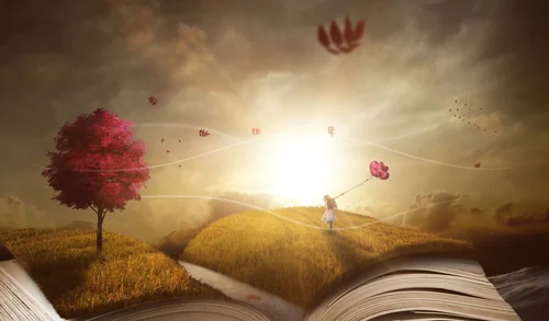 книга, шар, шарики, осень, птицы, девочка, фентези, иллюстрация, дерево, желтые, серые, бежевые, красные