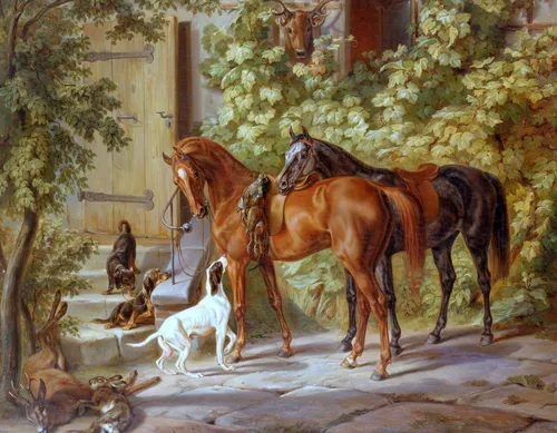 лошади, собаки, животные, картина, живопись, двор, серые, коричневые, черные, зеленые