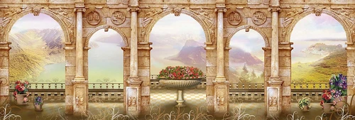 панорама, арка, арки, терраса, бежевый, коричневый, бежевые, коричневые, колонны, колонна, горы, деревья, цветы, ваза, вазоны
